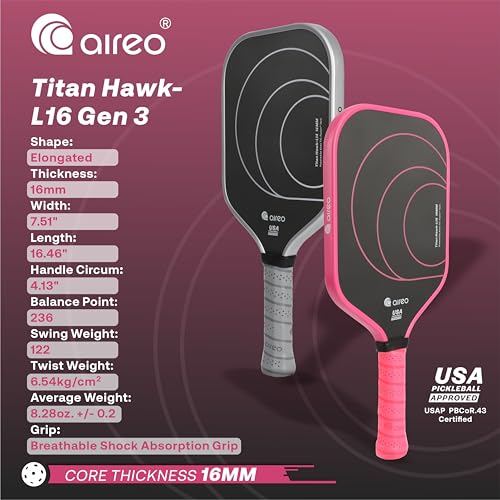 AIREO Titan Hawk Gen-3 Pickleball Paddle, Real Titanium + T700 Carbon Fiber Pickleball Racket, 14MM/16MM Polypropylene Core, Full-Face Sweet Spot, USAPA Approved Pickle Ball Paddle - Image 5