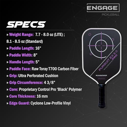 Engage Pursuit Pro EX 6.0 Pickleball Paddle – Widebody Shape, Raw T700 Toray Carbon Fiber Face, 16mm Control Pro Black Core (Deep Magenta, Standard (8.1-8.5oz)) - Image 3