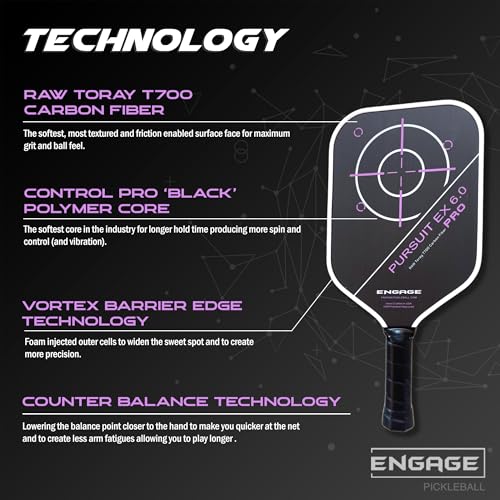 Engage Pursuit Pro EX 6.0 Pickleball Paddle – Widebody Shape, Raw T700 Toray Carbon Fiber Face, 16mm Control Pro Black Core (Deep Magenta, Standard (8.1-8.5oz)) - Image 4