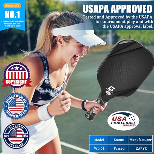 GARYE Pickleball Paddles Set of 4, Carbon Fiber Pickle Ball Paddle, USAPA Approved Lightweight Rackets 4 Pack for Adults and Teenagers, Includes 6 Balls, 1 Bag, and 4 Grip Tapes. - Image 3