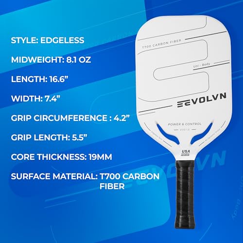 Pickleball Paddle Racket, Toray T700 Carbon Fiber, Edgeless Polypropylene Core, 19 mm, Balanced Power and Control, Textured Surface for Spin, Air-Throat, Lightweight, White, Designed in USA - Image 3