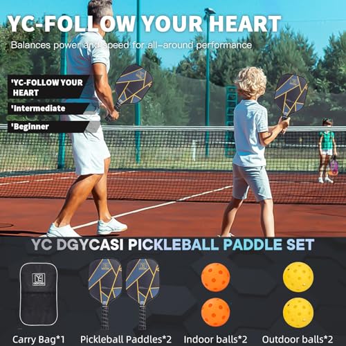 YC DGYCASI Pickleball Paddles Set of 2, USAPA Approved Carbon Fiber Surface Pickleball Set, Lightweight Pickle Ball Rackets 2 Pack, 2 Outdoor Pickleball, 2 Indoor Pickleball, 1 Pickleball Bag - Image 6